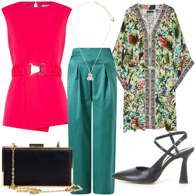 Outfit donna - Total look #2222704. Stile Chic Abbinamento con pochette, pantaloni, top, ciondoli, caftani, sandali col tacco.