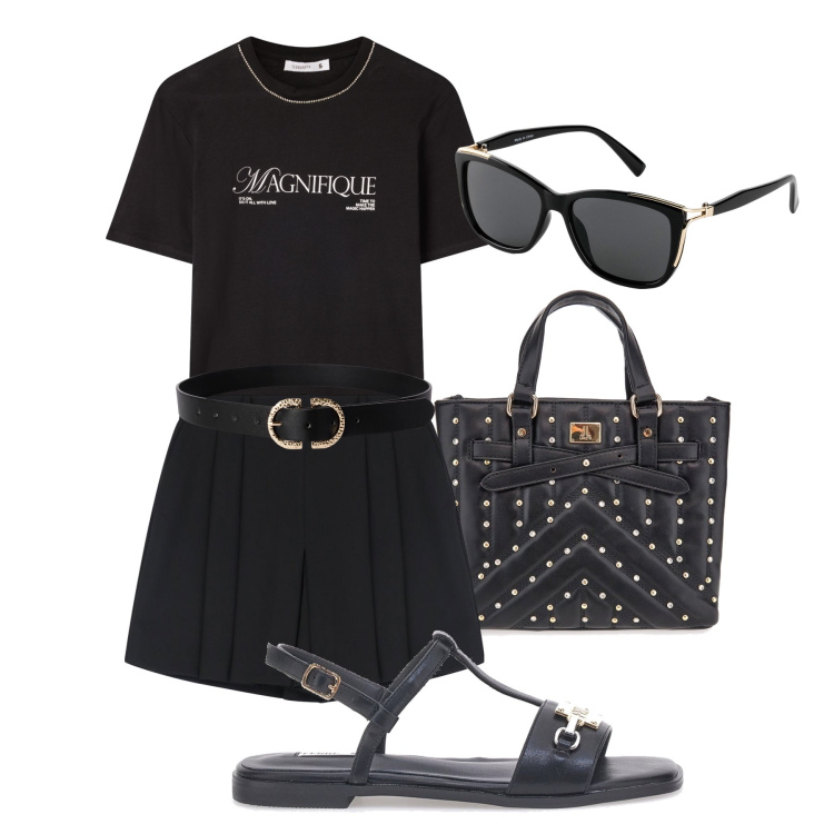 Outfit donna - T-shirt e skorts total black. Stile Urban per Tutti i giorni. Abbinamento con occhiali da sole, t-shirt, cinture, gonne, borse a mano, sandali.