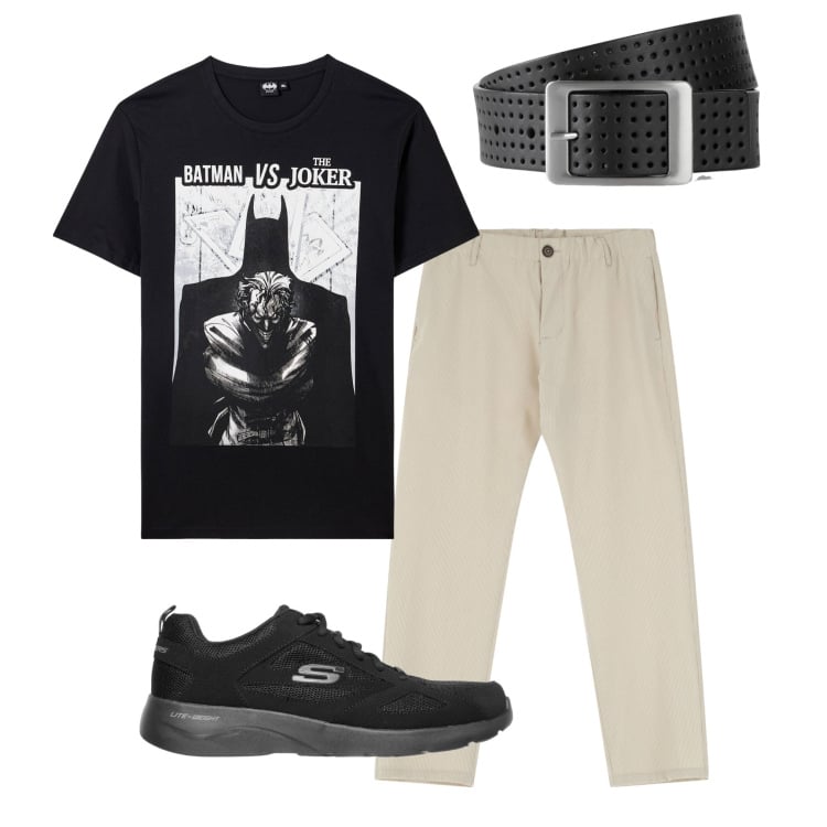 Outfit uomo - Batman. Stile Casual per Tutti i giorni. Abbinamento con cinture, t-shirt, pantaloni, sneakers.