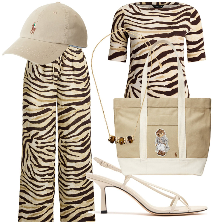 Outfit donna - Zebrato con stile. Stile Casual chic per Tutti i giorni. Abbinamento con t-shirt, collane, cappelli, pantaloni, borse tote, sandali in pelle.
