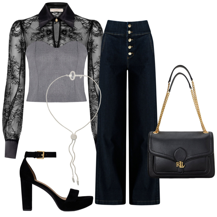 Outfit donna - Denim e bluse. Stile Romantica per Tutti i giorni. Abbinamento con bluse, jeans, sandali, braccialetti, borse a spalla.