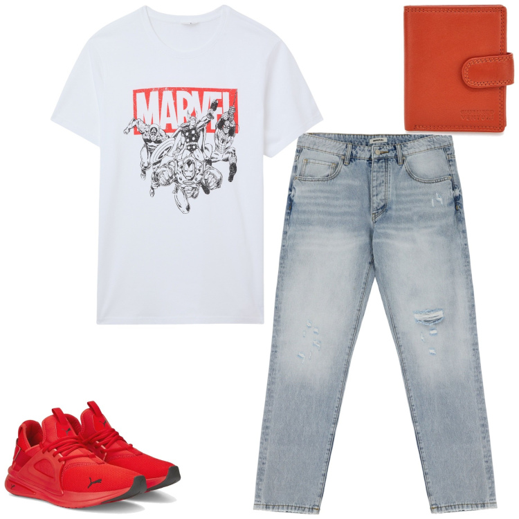 Outfit uomo - Con gli amici. Stile Casual per Tutti i giorni. Abbinamento con t-shirt, jeans strappati, sneakers, portafogli.