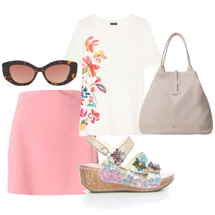 Outfit donna - La t-shirt con stampa. Stile Romantica per Tutti i giorni. Abbinamento con minigonne, borse tote, t-shirt, sandali, occhiali da sole.