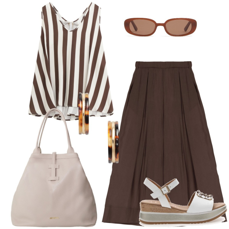 Outfit donna - In vacanza. Stile Casual chic per Tutti i giorni. Abbinamento con top, pantaloni, borse tote, orecchini, sandali, occhiali da sole.