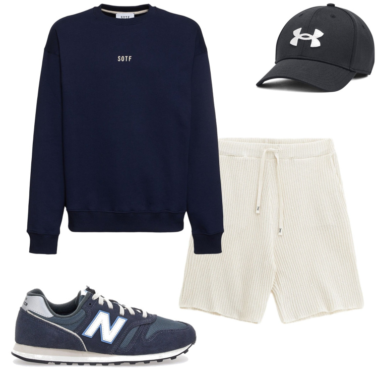 Outfit uomo - Sporty look. Stile Casual per Mare. Abbinamento con bermuda, cappelli, sneakers, felpe.