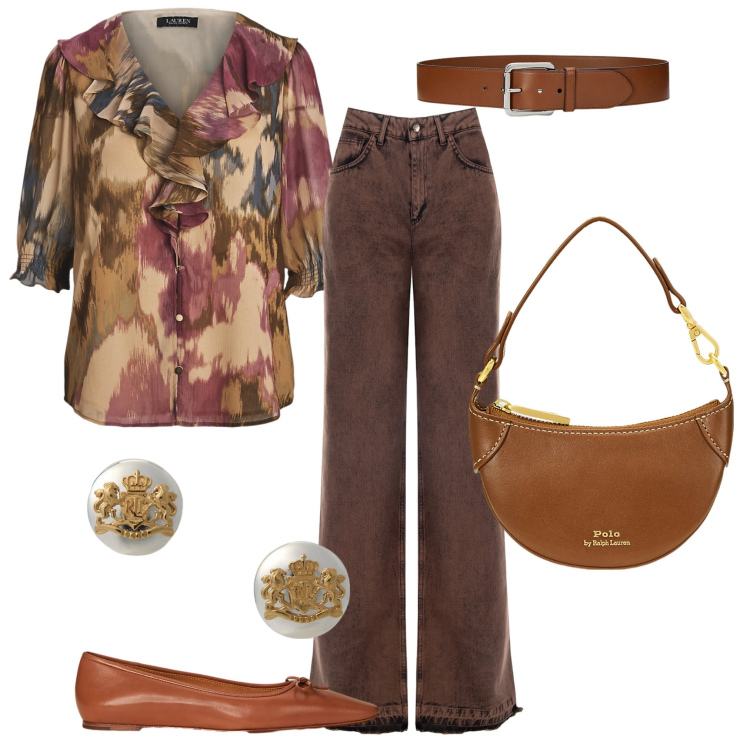 Outfit donna - Denim e bluse 2. Stile Romantica per Tutti i giorni. Abbinamento con jeans dritti, orecchini, cinture, borse a tracolla, ballerine, bluse.