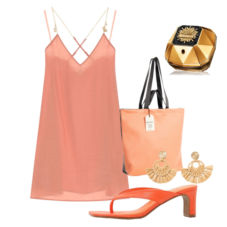 Outfit donna - Agosto. Stile Chic per Serata fuori. Abbinamento con orecchini, infradito, profumi, borse tote, vestiti corti.