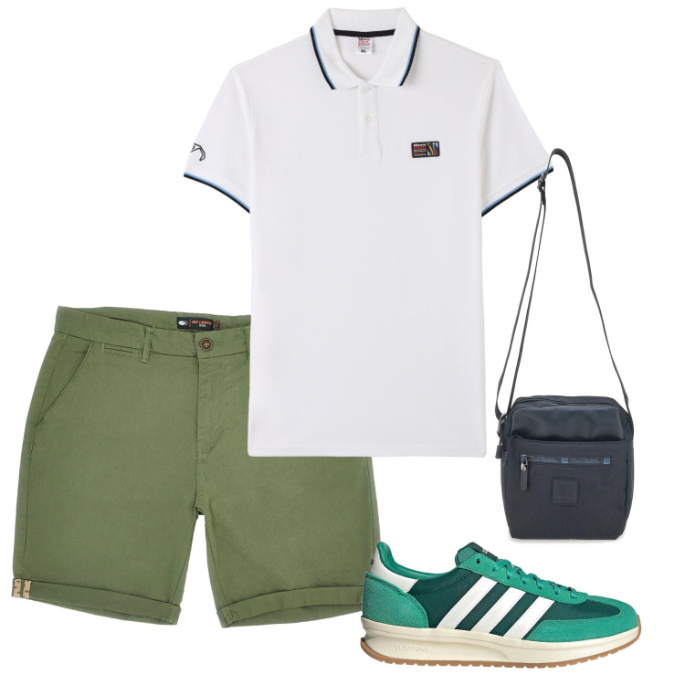 Outfit uomo - Un po\' di verde. Stile Trendy per Tutti i giorni. Abbinamento con polo, portafogli, pantaloni cargo, sneakers.