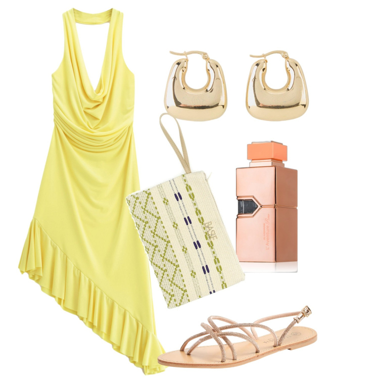 Outfit donna - Agosto. Stile Chic per Serata fuori. Abbinamento con orecchini, profumi, sandali, vestiti asimmetrici, pochette.