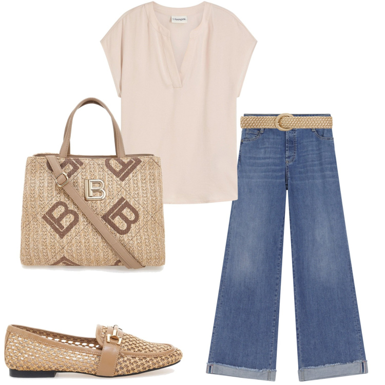 Outfit donna - Denim e blusa per il giorno. Stile Casual chic per Tutti i giorni. Abbinamento con bluse, cinture, jeans, mocassini, borse a tracolla.