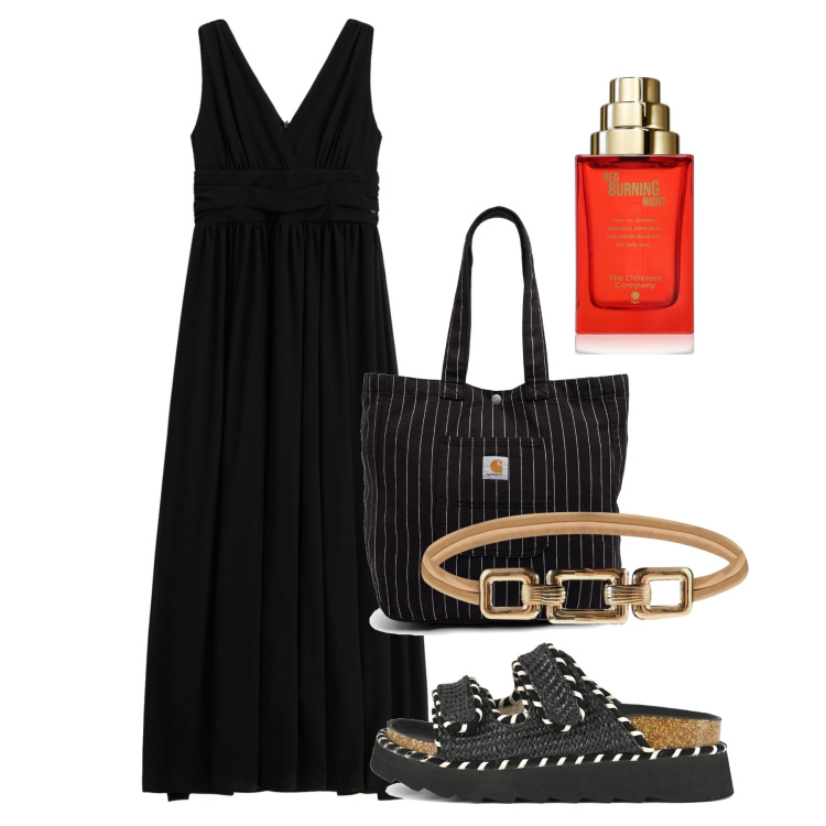 Outfit donna - Agosto. Stile Chic per Tutti i giorni. Abbinamento con profumi, cinture, vestiti lunghi, sandali, borse tote.