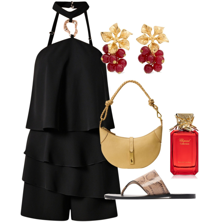 Outfit donna - Agosto. Stile Chic per Serata fuori. Abbinamento con profumi, tuta corta, borse a spalla, orecchini, ciabatte.