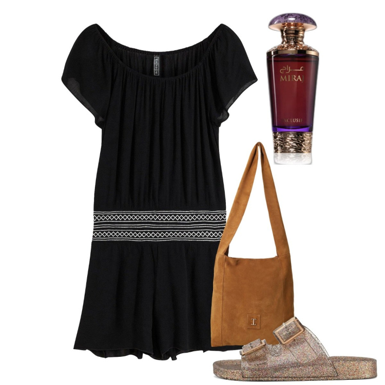 Outfit donna - Agosto. Stile Bon Ton per Tutti i giorni. Abbinamento con tute, profumi, borse a tracolla, sandali.