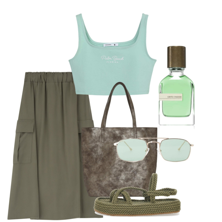 Outfit donna - Agosto. Stile Bon Ton per Tutti i giorni. Abbinamento con profumi, top, borse tote, occhiali da sole, gonne lunghe, sandali.