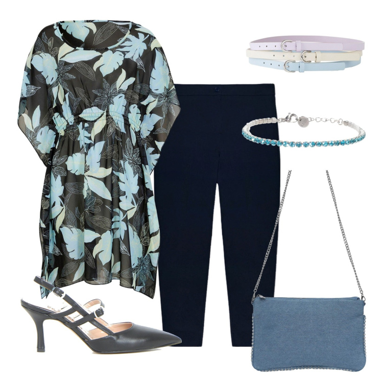 Outfit donna - Cena all\' aperto!. Stile Chic per Serata fuori. Abbinamento con cinture, vestiti da spiaggia, borse a tracolla, braccialetti, pantaloni, décolleté.