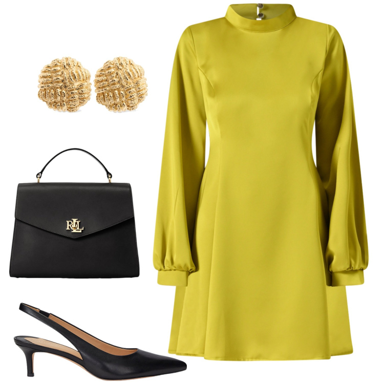 Outfit donna - Abitino acceso. Stile Bon Ton per Serata fuori. Abbinamento con vestiti corti, borse a mano, décolleté, orecchini.