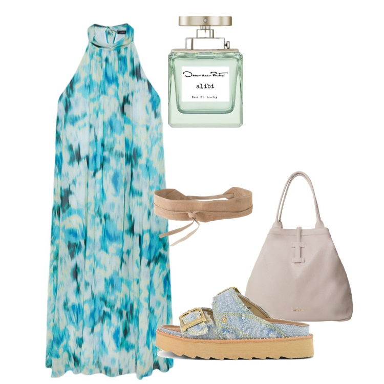 Outfit donna - Agosto. Stile Chic per Tutti i giorni. Abbinamento con cinture, profumi, borse tote, vestiti lunghi, sandali.