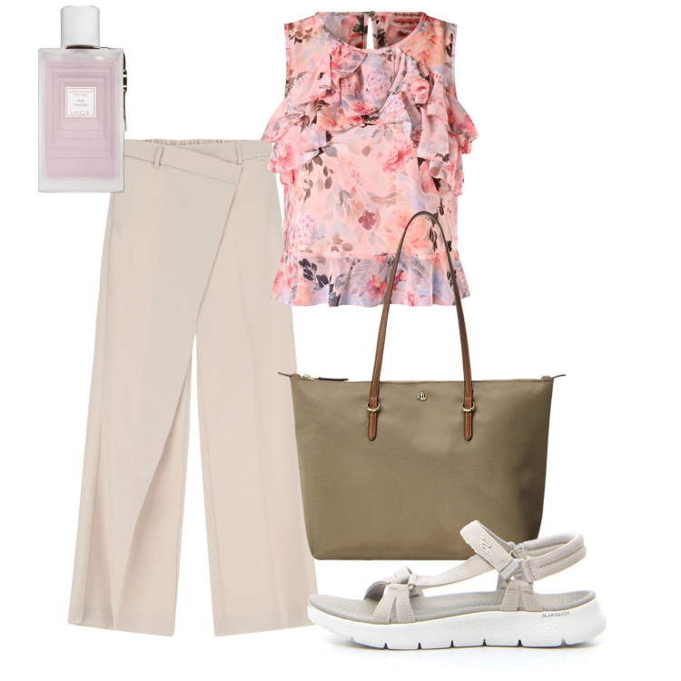 Outfit donna - Basic chic. Stile Basic per Tutti i giorni. Abbinamento con profumi, top, pantaloni, borse tote, sandali.