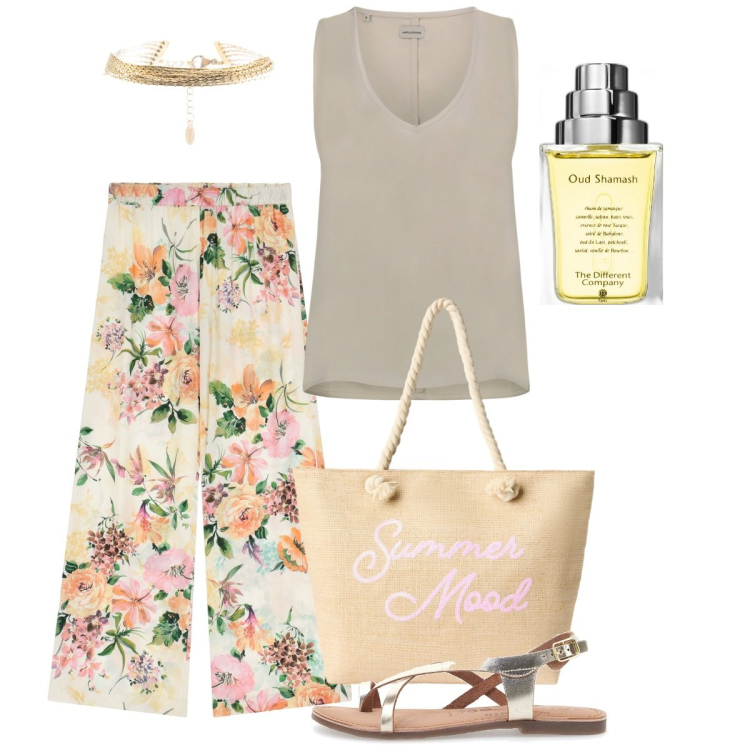 Outfit donna - Agosto. Stile Romantica per Tutti i giorni. Abbinamento con profumi, borse tote, pantaloni a palazzo, braccialetti, sandali in pelle, top.