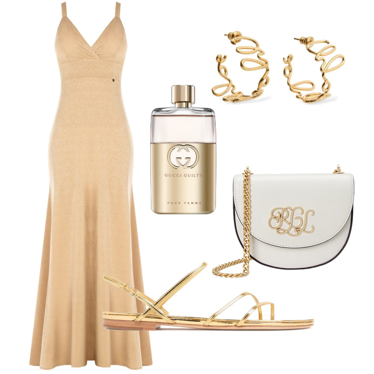 Outfit donna - Sabbia dorata al tramonto. Stile Chic per Serata fuori. Abbinamento con profumi, vestiti lunghi, borse a tracolla, orecchini, sandali in pelle.