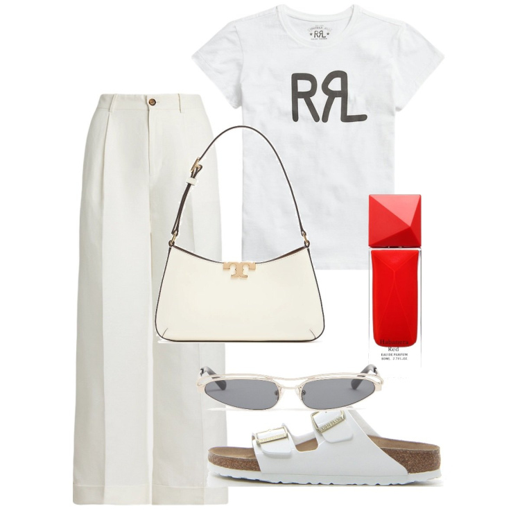 Outfit donna - Agosto. Stile Chic per Tutti i giorni. Abbinamento con profumi, t-shirt, pantaloni, ciabatte, borse a spalla, occhiali da sole.