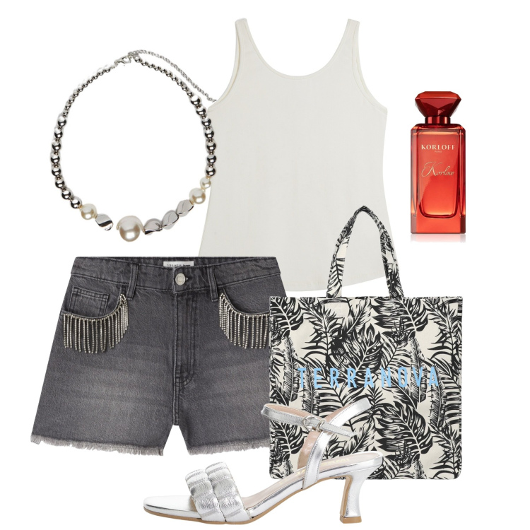 Outfit donna - Agosto. Stile Casual chic per Serata fuori. Abbinamento con profumi, borse tote, shorts, sandali col tacco, top, collane.