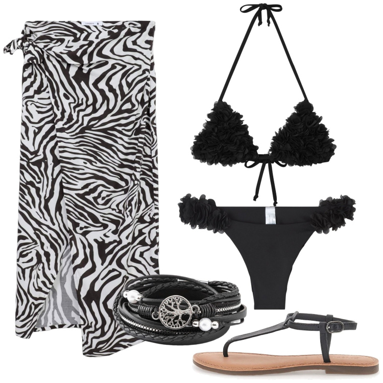 Outfit donna - Trendy beach. Stile Trendy per Mare. Abbinamento con braccialetti, bikini, bikini, vestiti da spiaggia, infradito.