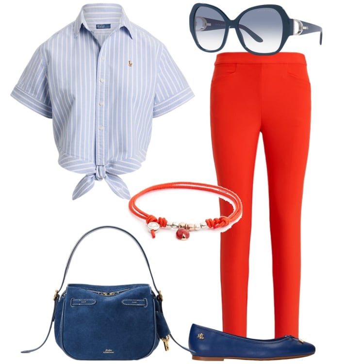 Outfit donna - Tempo libero. Stile Casual per Tutti i giorni. Abbinamento con ballerine, borse a mano, camicie, pantaloni, occhiali da sole, braccialetti.