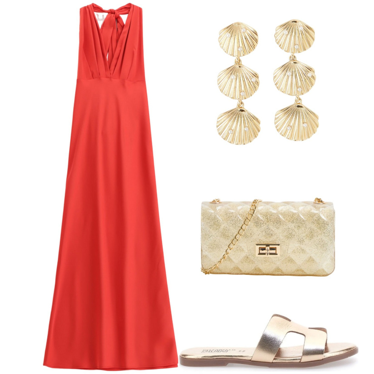 Outfit donna - Cena al tramonto. Stile Chic per Mare. Abbinamento con borse a tracolla, orecchini, vestiti lunghi, ciabatte.