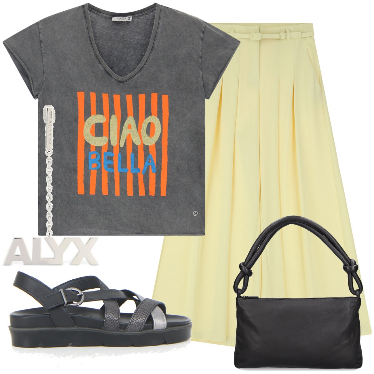 Outfit donna - Total look #2222780. Stile Casual Abbinamento con t-shirt, pantaloni, sandali, borse a spalla, orecchini.