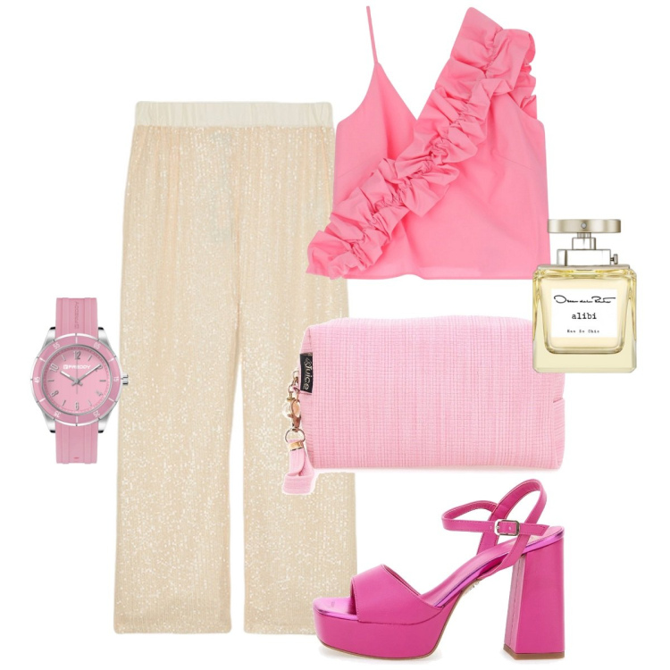 Outfit donna - Agosto. Stile Chic per Serata fuori. Abbinamento con profumi, top, orologi, sandali col tacco, pantaloni, valigie.
