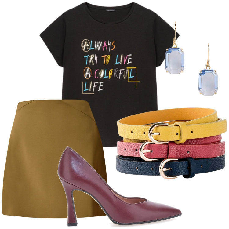 Outfit donna - Total look #2222789. Stile Trendy Abbinamento con cinture, minigonne, orecchini, décolleté, t-shirt.