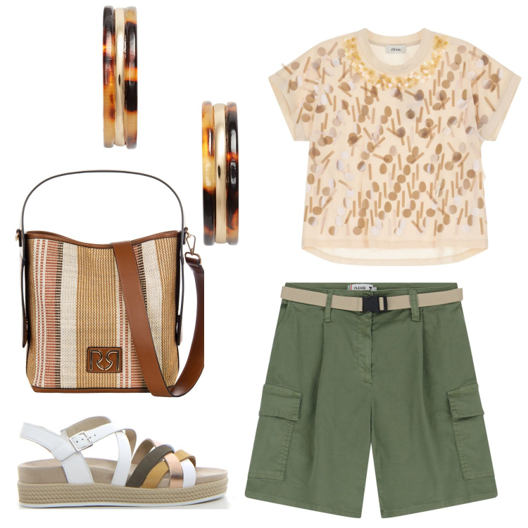 Outfit donna - Comodi in ufficio. Stile Casual chic per Ufficio. Abbinamento con borse a secchiello, shorts, t-shirt, orecchini, sandali.