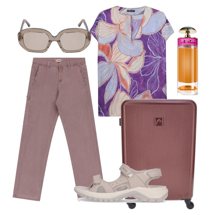 Outfit donna - In partenza. Stile Casual per Tutti i giorni. Abbinamento con profumi, jeans dritti, bluse, sandali, occhiali da sole, valigie.