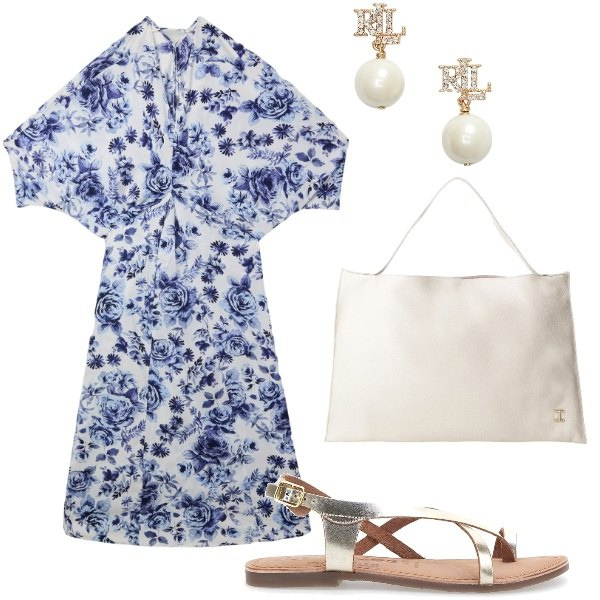 Outfit donna - Di sera ad Agosto. Stile Casual per Serata fuori. Abbinamento con vestiti lunghi, borse a spalla, orecchini, sandali in pelle.
