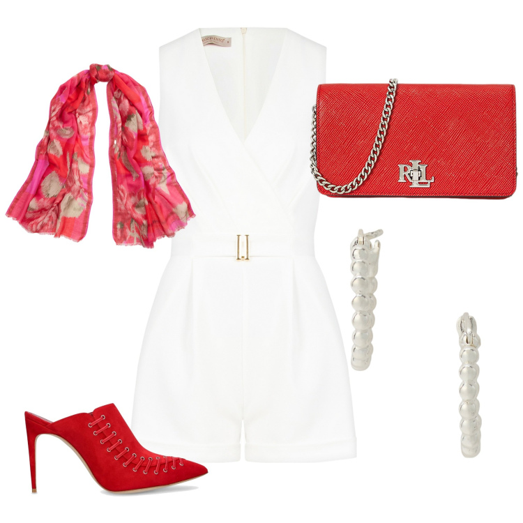 Outfit donna - Ovviamente chic. Stile Chic per Serata fuori. Abbinamento con tuta corta, orecchini, borse a tracolla, sciarpe, pantofole.