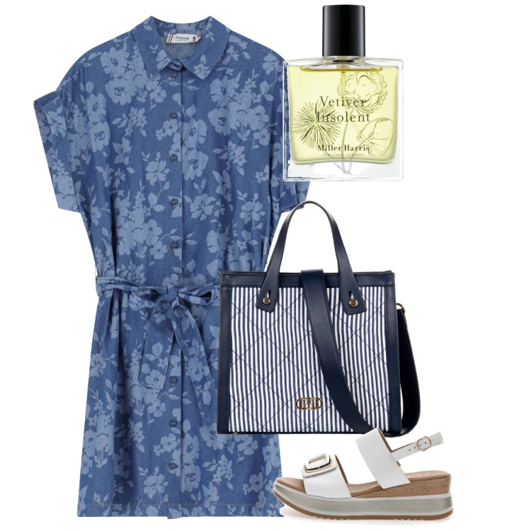Outfit donna - Agosto. Stile Casual per Tutti i giorni. Abbinamento con profumi, shopping bag, vestiti corti, sandali.