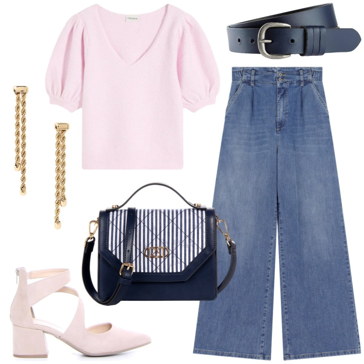Outfit donna - Ufficio casual. Stile Casual per Ufficio. Abbinamento con t-shirt, cinture, borse a mano, jeans, orecchini, sandali in pelle.