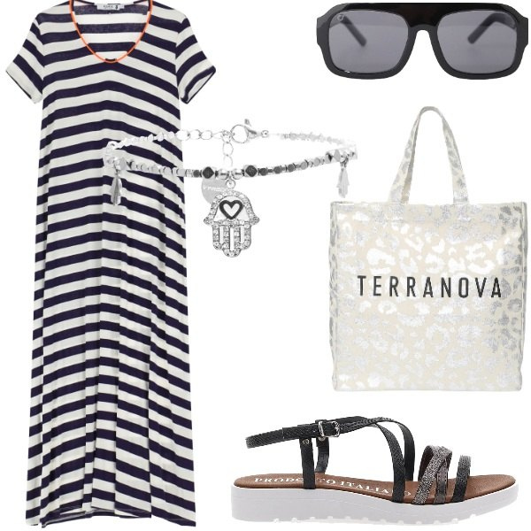 Outfit donna - E siamo in Agosto....... Stile Casual per Tutti i giorni. Abbinamento con borse tote, vestiti lunghi, occhiali da sole, braccialetti, sandali alla schiava.