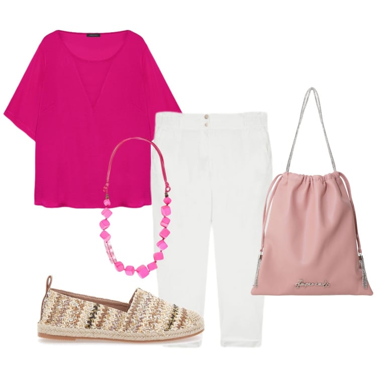 Outfit donna - Un giorno in estate. Stile Casual per Tutti i giorni. Abbinamento con borse a secchiello, bluse, pantaloni, espadrillas, collane.