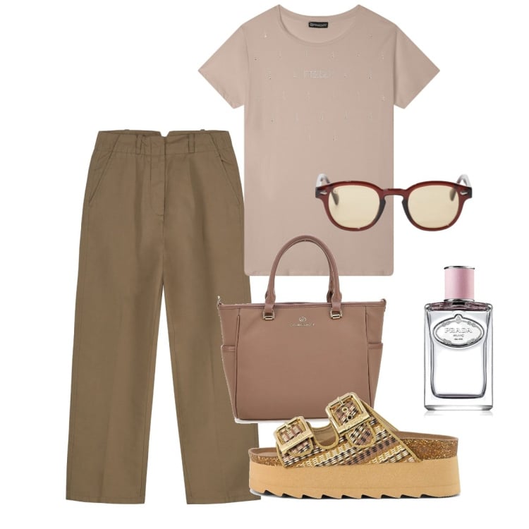 Outfit donna - Agosto. Stile Casual per Tutti i giorni. Abbinamento con profumi, occhiali da sole, t-shirt, pantaloni, sandali, borse a tracolla.