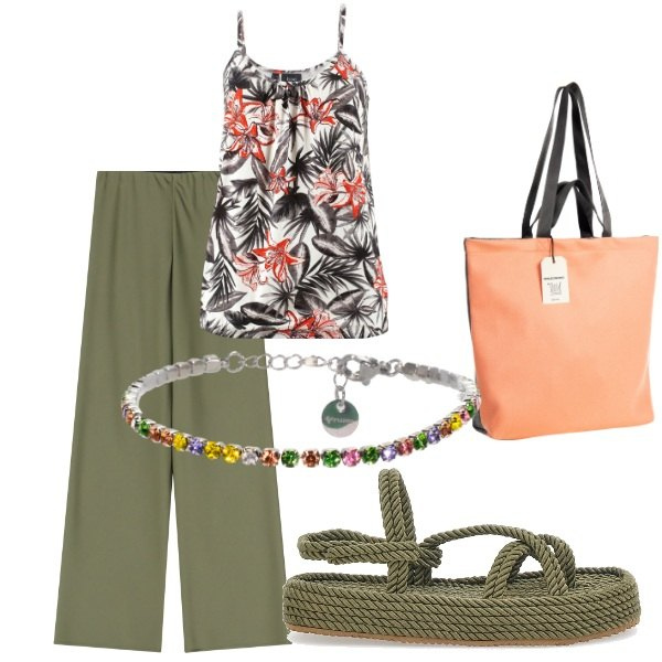 Outfit donna - E siamo in Agosto....... Stile Casual per Tutti i giorni. Abbinamento con top, borse tote, pantaloni, braccialetti, sandali.