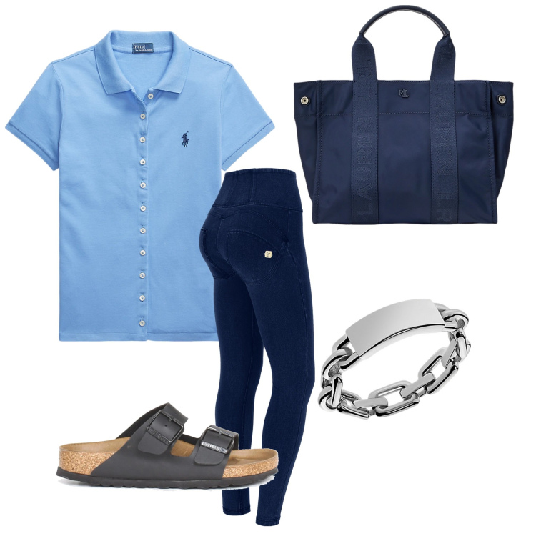 Outfit donna - Con la polo. Stile Casual per Tutti i giorni. Abbinamento con jeggings, polo, anelli, borse tote, ciabatte.