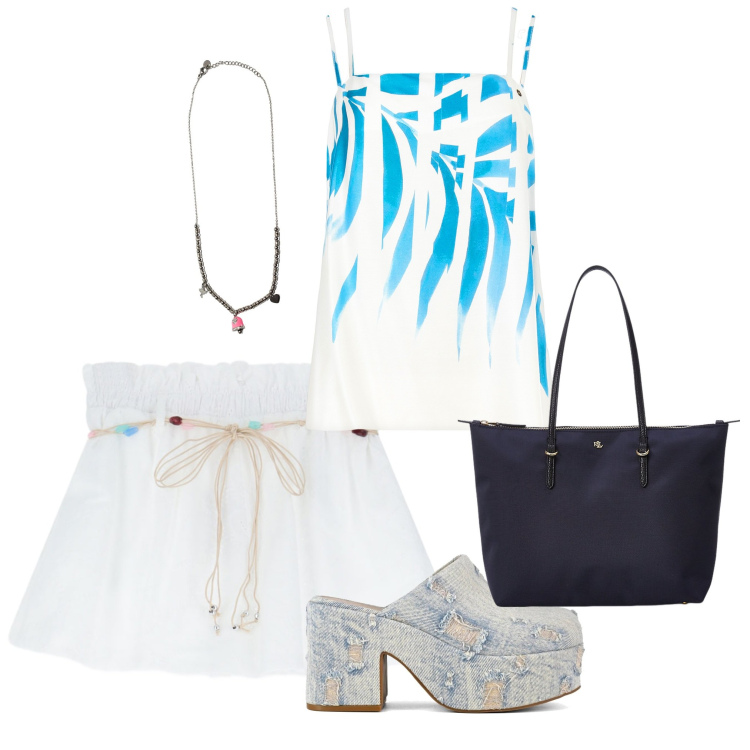 Outfit donna - Una bella giornata. Stile Romantica per Tutti i giorni. Abbinamento con top, shorts, ciondoli, borse tote, sabot.