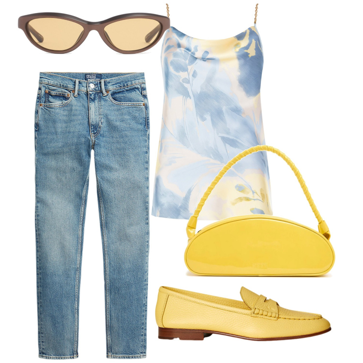 Outfit donna - Un caffè al bar. Stile Casual per Tutti i giorni. Abbinamento con top, jeans slim fit, mocassini, borse a spalla, occhiali da sole.