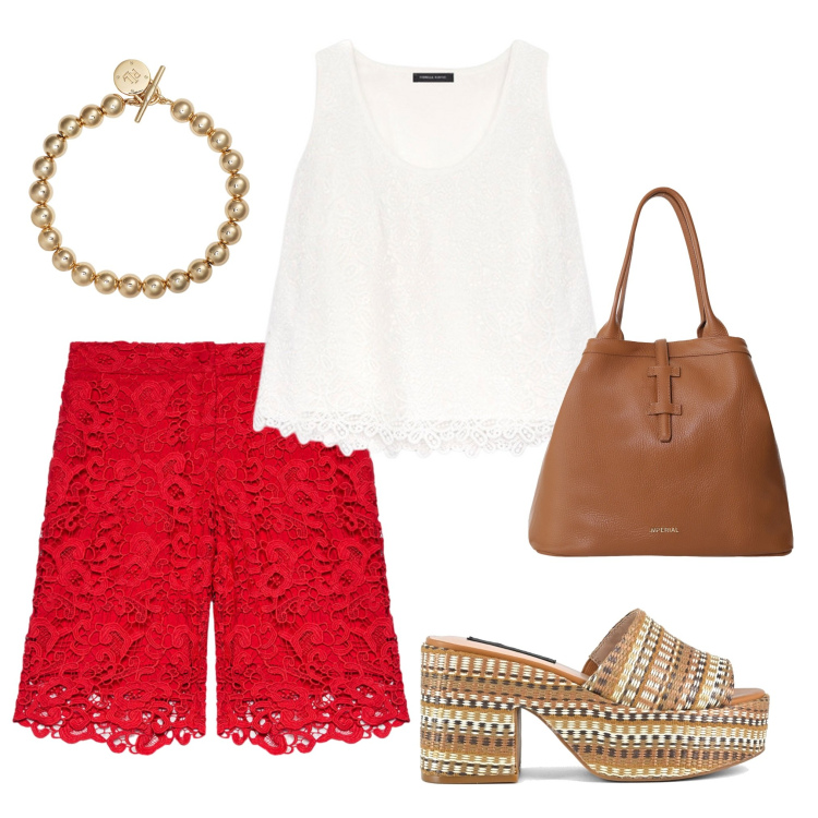 Outfit donna - Qualche ricamo. Stile Trendy per Tutti i giorni. Abbinamento con borse tote, braccialetti, top, pantaloni corti, zeppe.