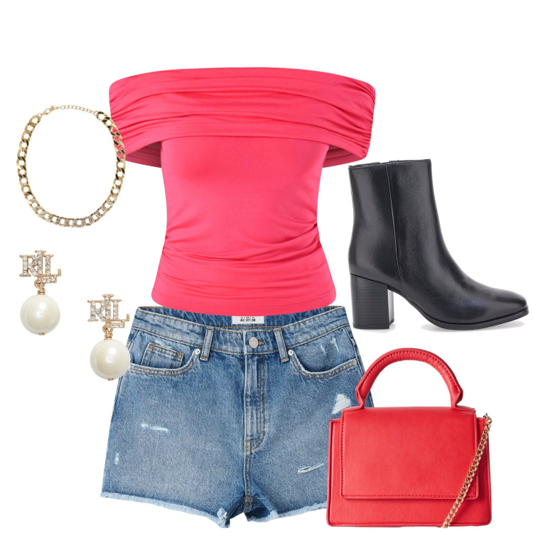 Outfit donna - Total look #2222831. Abbinamento con borse a tracolla, collane, shorts, top, orecchini, stivaletti.