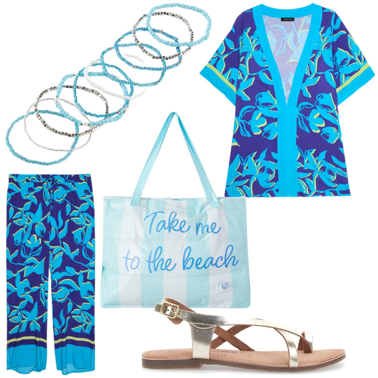 Outfit donna - Take me to the beach. Stile Sporty chic per Mare. Abbinamento con braccialetti, borse tote, kimono, pantaloni a palazzo, sandali in pelle.