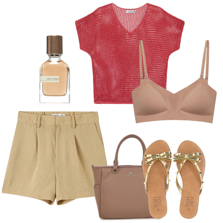 Outfit donna - Ferragosto. Stile Casual per Tutti i giorni. Abbinamento con profumi, bermuda, reggiseni, maglieria, borse a tracolla, infradito.
