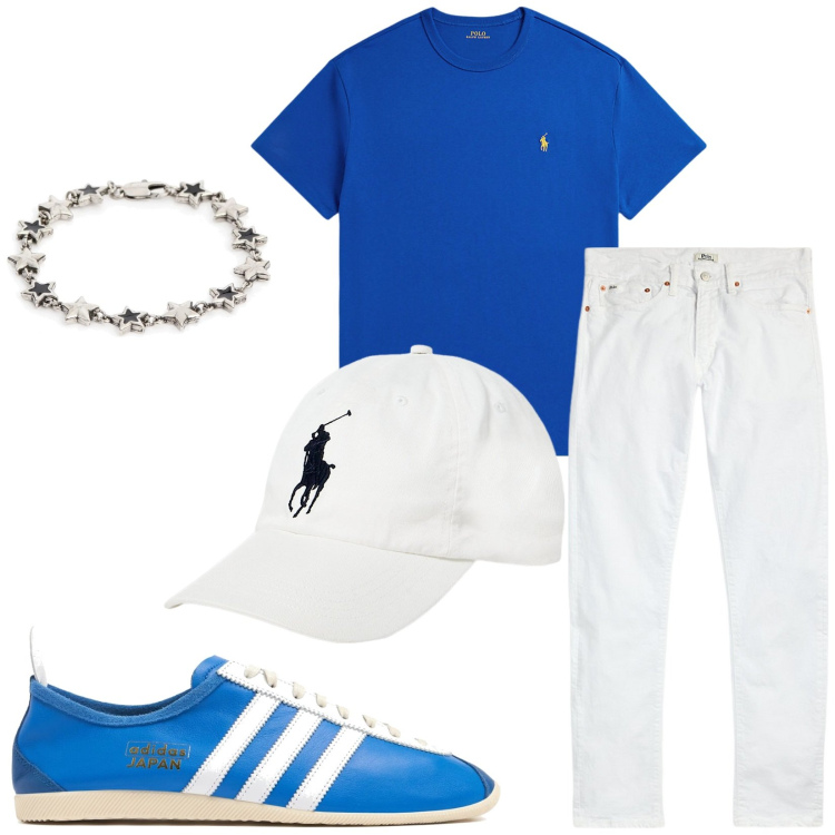 Outfit uomo - Total look #2222840. Stile Urban per Tutti i giorni. Abbinamento con jeans, cappelli, t-shirt, braccialetti, sneakers.